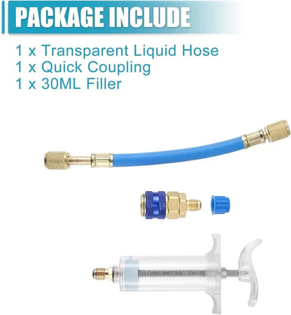 Kit Inyector de 30ml de Aceite y Tinte para AC – Conexión Rápida para Sistemas Automotrices y de HVAC