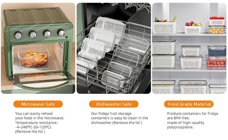 🔥Caja de almacenamiento de alimentos de plástico transparente para el hogar-Incluye cesta de drenaje💧