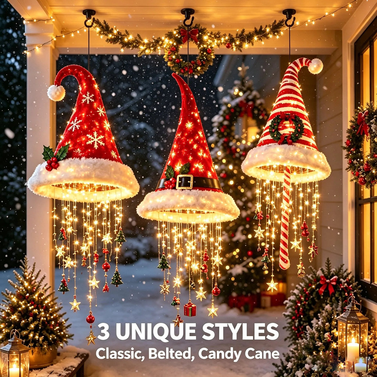 🎅✨Light‐Up Santa Hat Hanging Chandelier Decoration