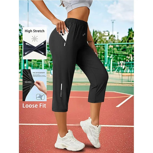 Pantalones Capri para mujer – Ajuste holgado, cintura con cordón para verano, bolsillos con cremallera, tela transpirable de alta elasticidad, adecuados para uso diario