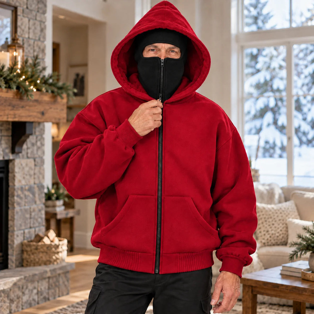 Men's Winter Sherpa-Lined Hoodie with Built-In Face Cover