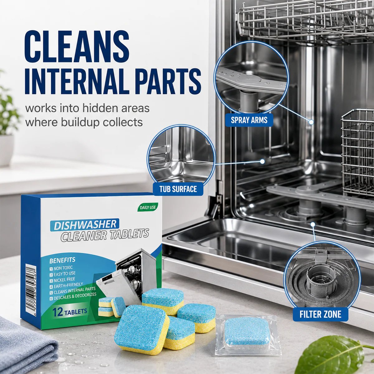 Dishwasher Cleaner Tablets 12-Pack – Descaling & Deodorizing Pods for Limescale, Calcium Buildup & Odor Control