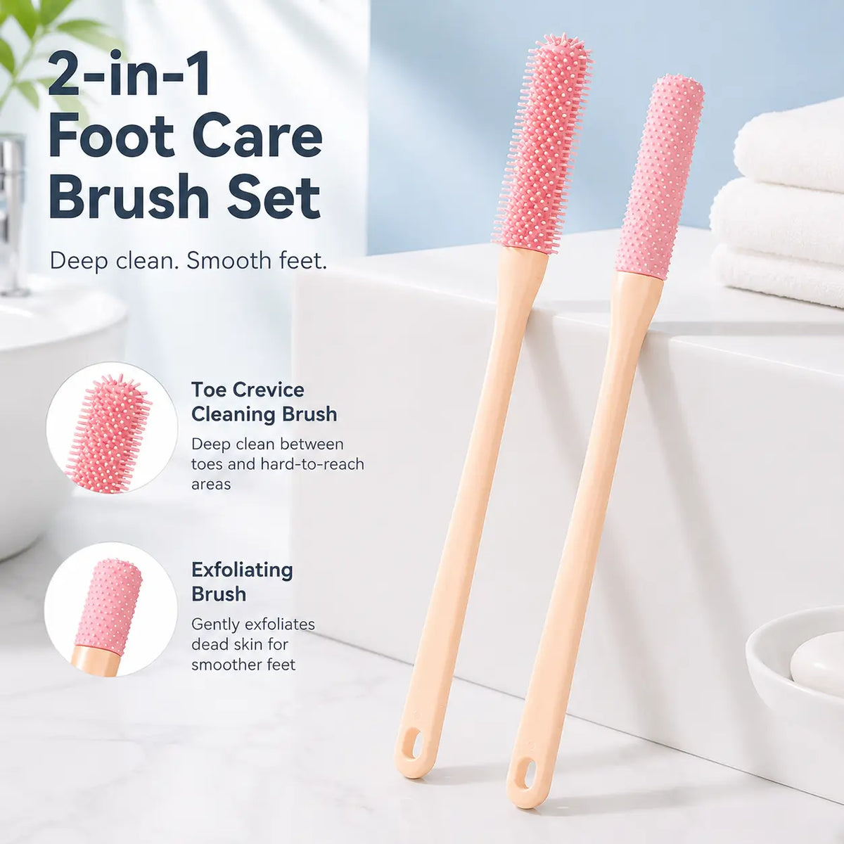 Pink two-piece silicone foot care brush set