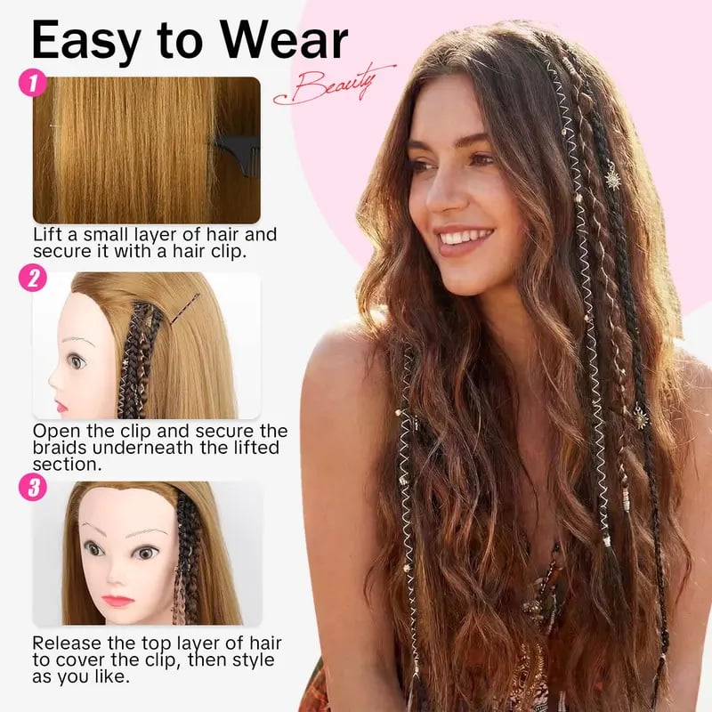 Boho Dreadlock Clip in Hair Extensions with Beads and Charms