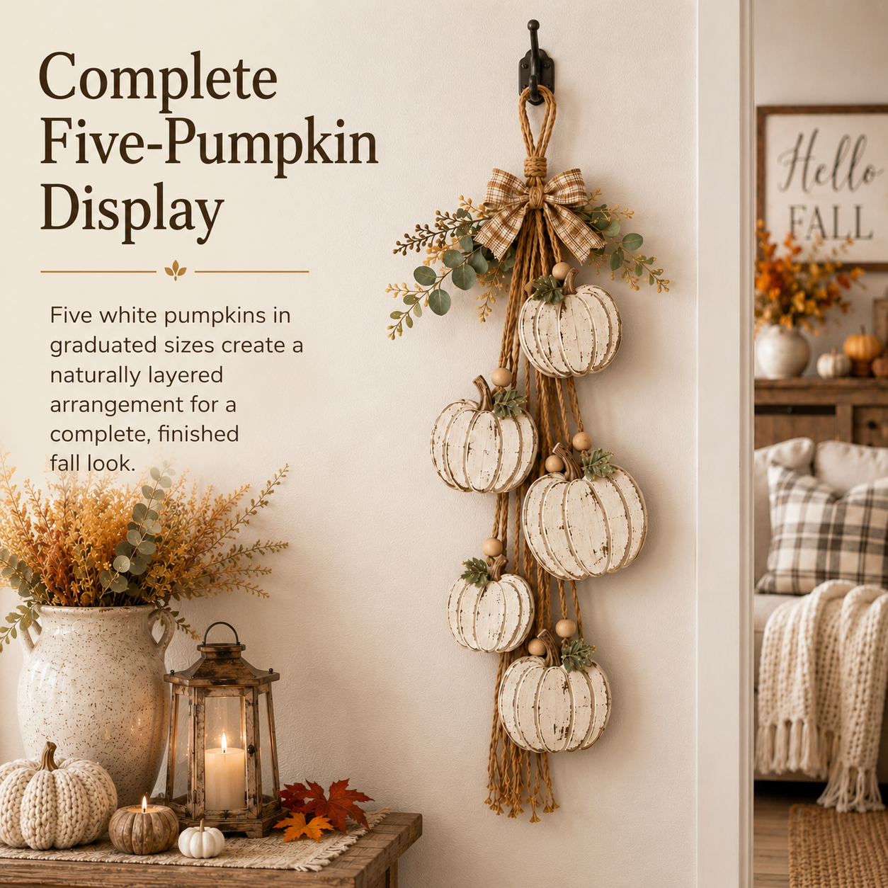Rustic White Pumpkin Hanging Swag – Fall Door & Wall Decoration for Farmhouse Autumn Decor