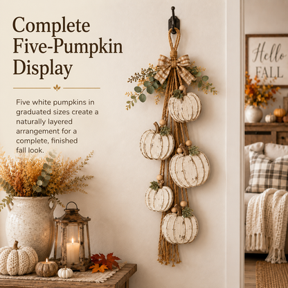Rustic White Pumpkin Hanging Swag – Fall Door & Wall Decoration for Farmhouse Autumn Decor
