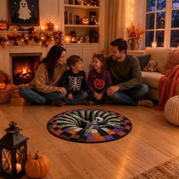 3D visual effects Skeleton Vortex Quilted Round Halloween Rug