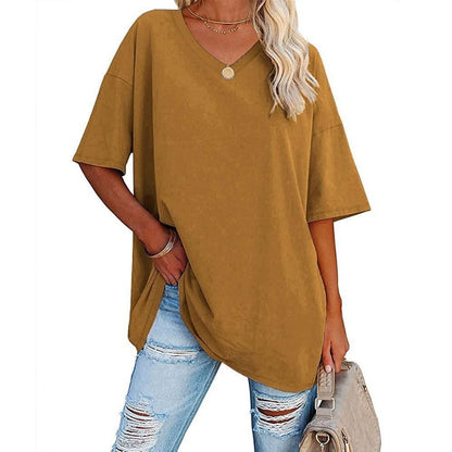 👚 Camisetas de manga corta de algodón de talla grande con cuello en V para mujer, corte holgado informal, tops tipo túnica 💖