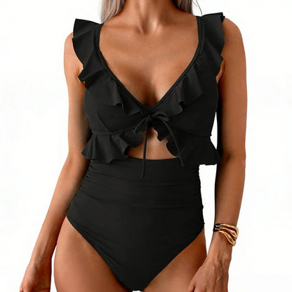 🏖️Summer Hot Sale 🌊Women’s Tummy-Control One-Piece Swimsuit💃Flattering V-Neck🩱Ruched Slimming Design🌸Elegant Ruffle & Chic Cut-Out 💕