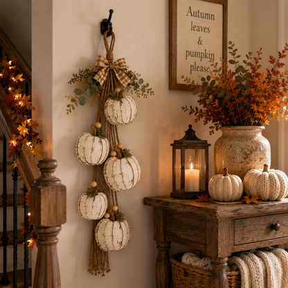 Rustic White Pumpkin Hanging Swag – Fall Door & Wall Decoration for Farmhouse Autumn Decor