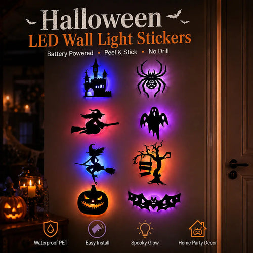 Halloween LED Silhouette Wall Light Stickers – Battery-Powered Waterproof Peel & Stick Window Decor