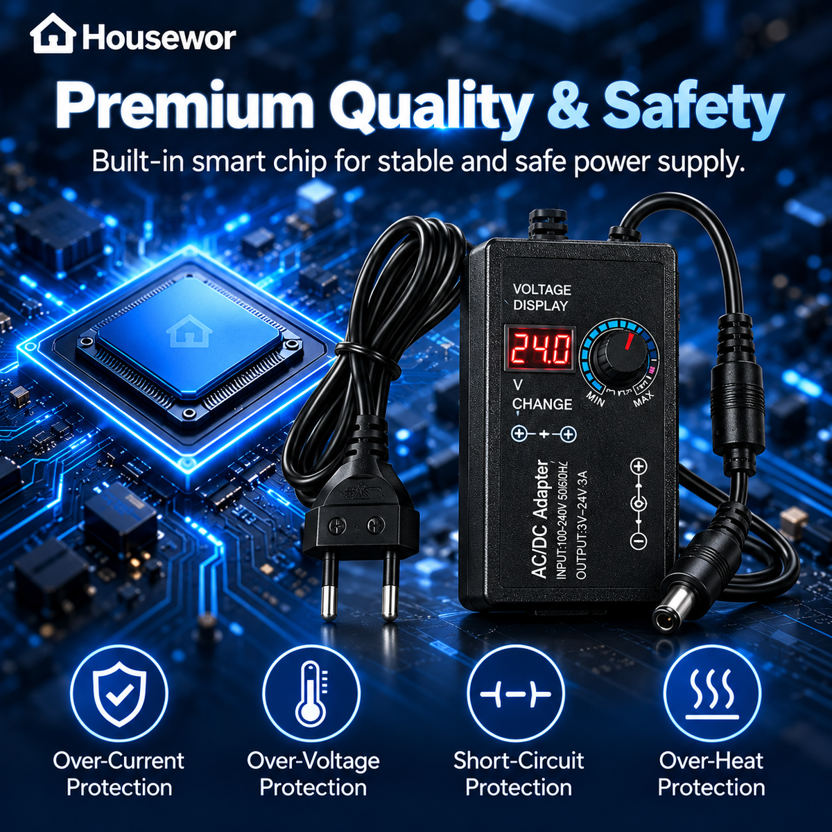 Adjustable 3V-24V 3A Universal AC/DC Power Adapter