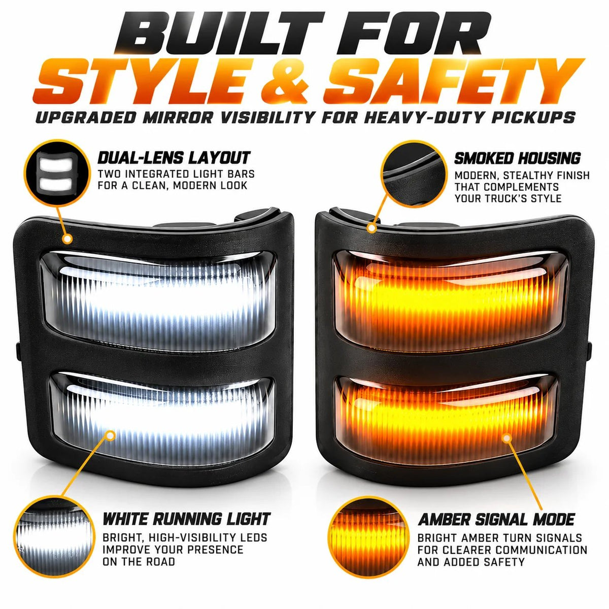 Dual-Mode LED Mirror Lights – White & Amber Turn Signal Upgrade for Heavy-Duty Trucks