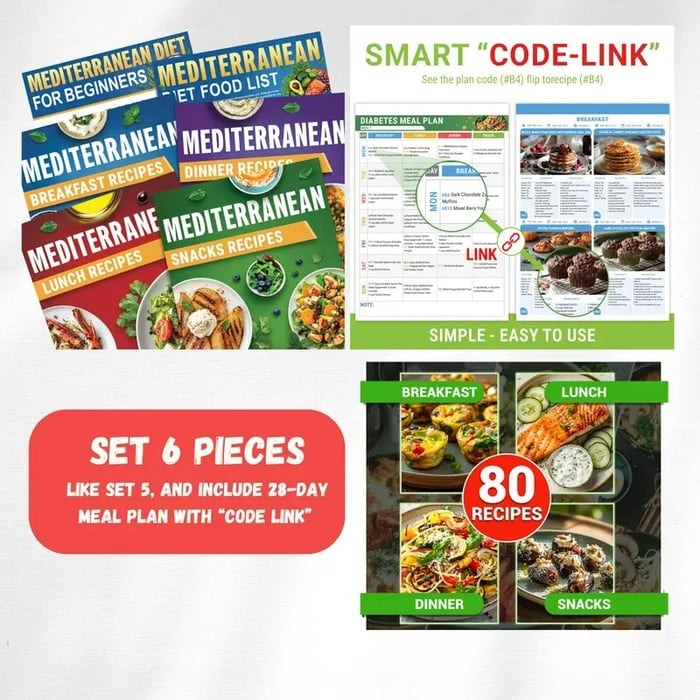 🥗Feel More Confident About Everyday Meals - 3-Piece Mediterranean Meal Planning Set With A 28-Day Guide And 80 Recipes🍋