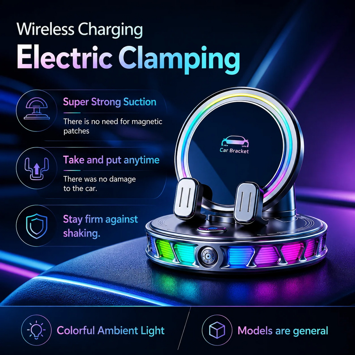 🎁2026 New Arrivals 50% OFF💥RGB Electric Car Phone Mount with Wireless Charging – Auto-Clamping & 15W Fast Charge ⚡