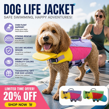 🐶50% OFF NOW! Dog Life Jacket with Chin Float, Color‑Block Pet Safety Flotation Vest with Rescue Handle, Adjustable Buckle Dog Swim Life Vest for Pool Beach Boating