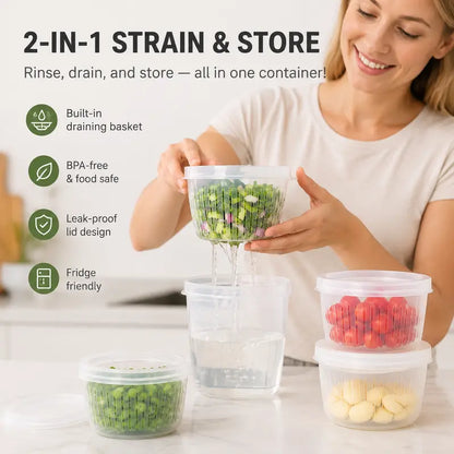 🥬5-Pack Multifunctional Food Storage Containers – With Drain Colander and Airtight Lid