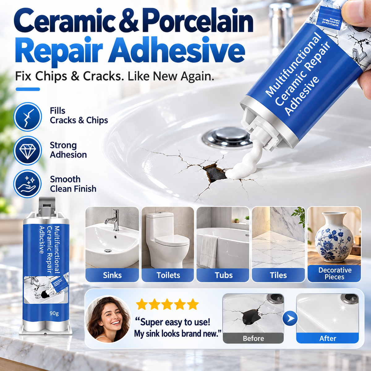 🛠️ Ceramic & Porcelain Repair Adhesive for Chips and Cracks