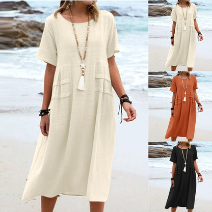 🔥New Arrival 2025🔥💃Women's Round Neck Cotton Linen Midi Dress