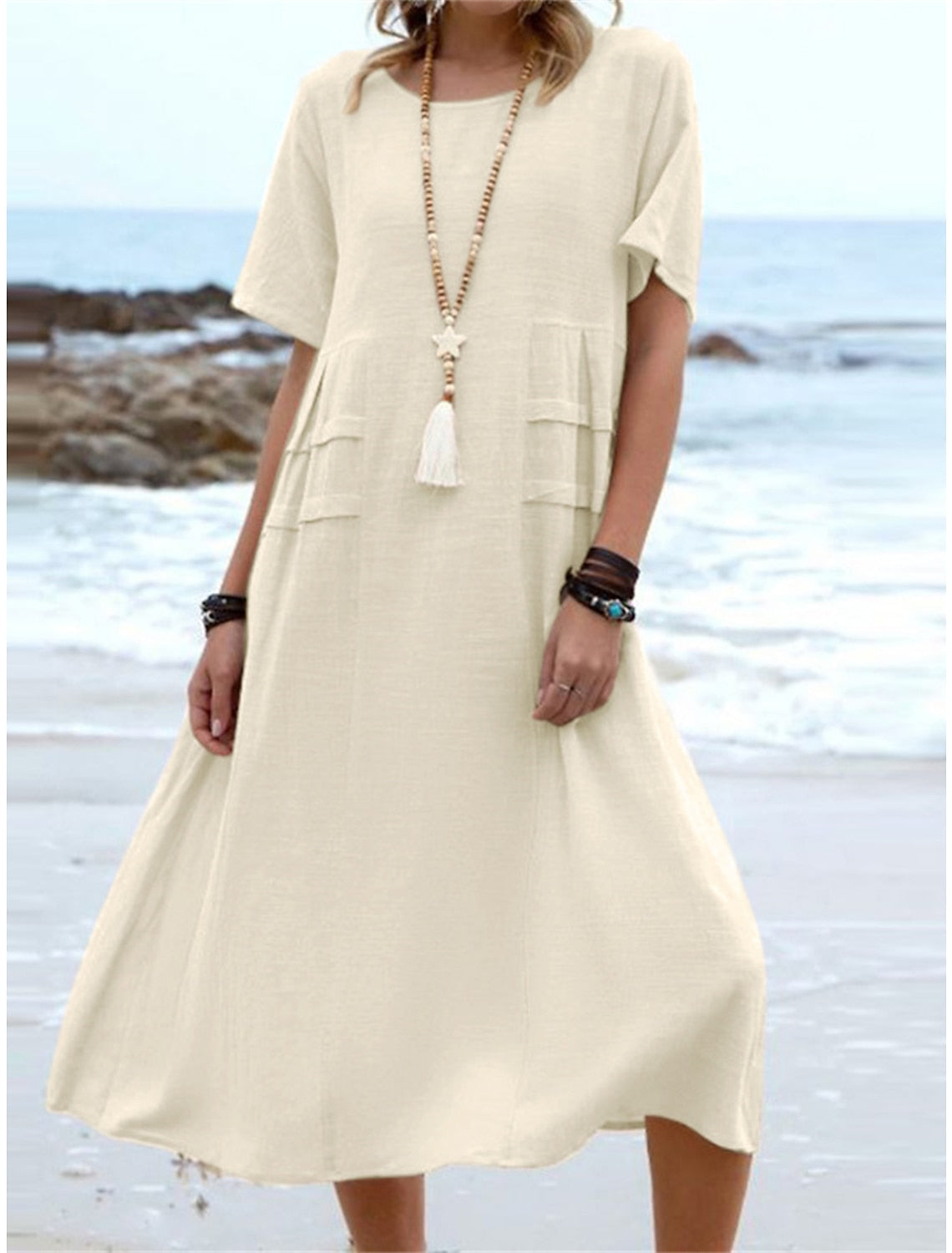 🔥New Arrival 2025🔥💃Women's Round Neck Cotton Linen Midi Dress
