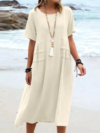 🔥New Arrival 2025🔥💃Women's Round Neck Cotton Linen Midi Dress