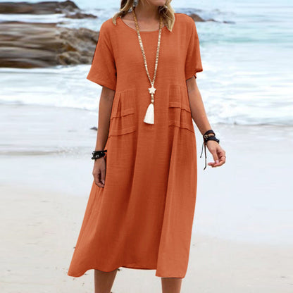 🔥New Arrival 2025🔥💃Women's Round Neck Cotton Linen Midi Dress