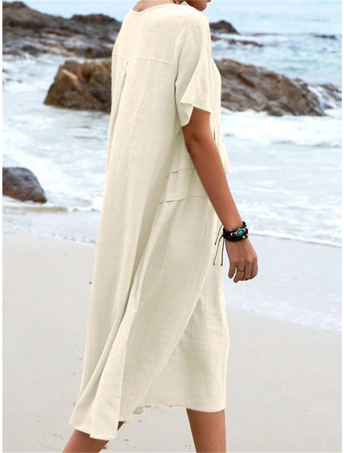🔥New Arrival 2025🔥💃Women's Round Neck Cotton Linen Midi Dress