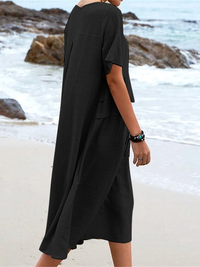 🔥New Arrival 2025🔥💃Women's Round Neck Cotton Linen Midi Dress