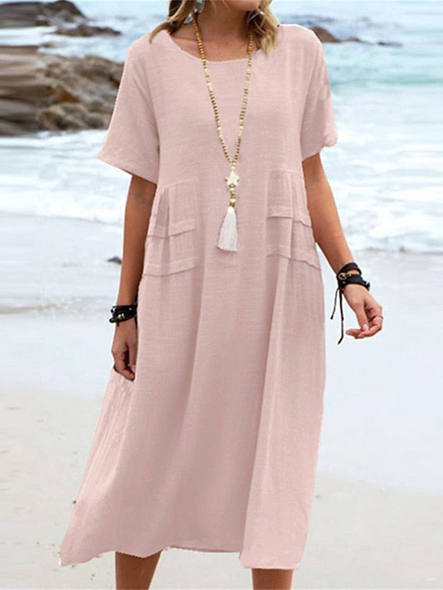 🔥New Arrival 2025🔥💃Women's Round Neck Cotton Linen Midi Dress