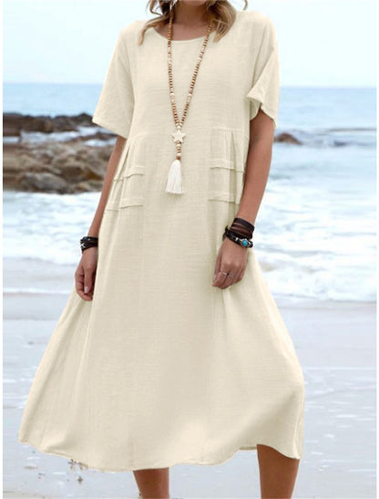 🔥New Arrival 2025🔥💃Women's Round Neck Cotton Linen Midi Dress