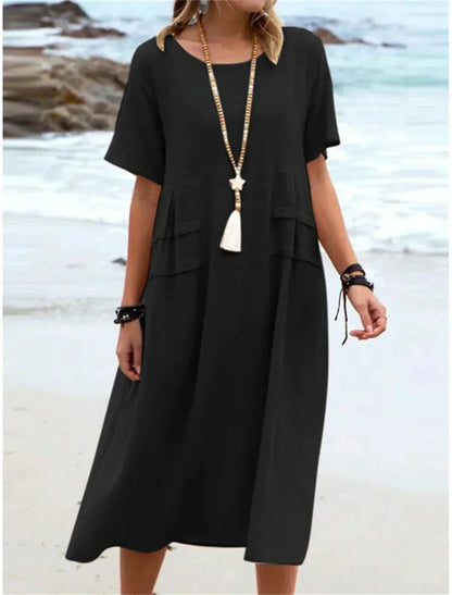 🔥New Arrival 2025🔥💃Women's Round Neck Cotton Linen Midi Dress