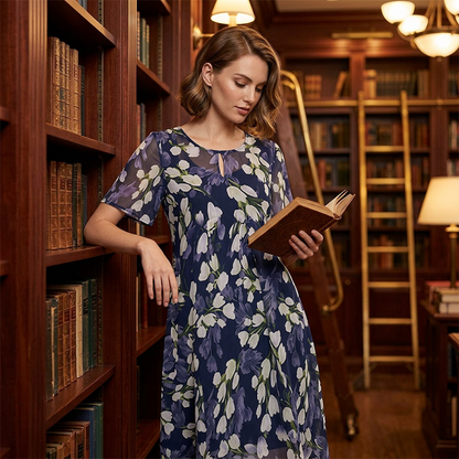 ✨🛍️Fresh Drop 🍃 Green & White Floral Chiffon Dress – A-Line Silhouette for Graceful Movement