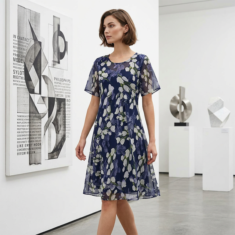 ✨🛍️Fresh Drop 🍃 Green & White Floral Chiffon Dress – A-Line Silhouette for Graceful Movement