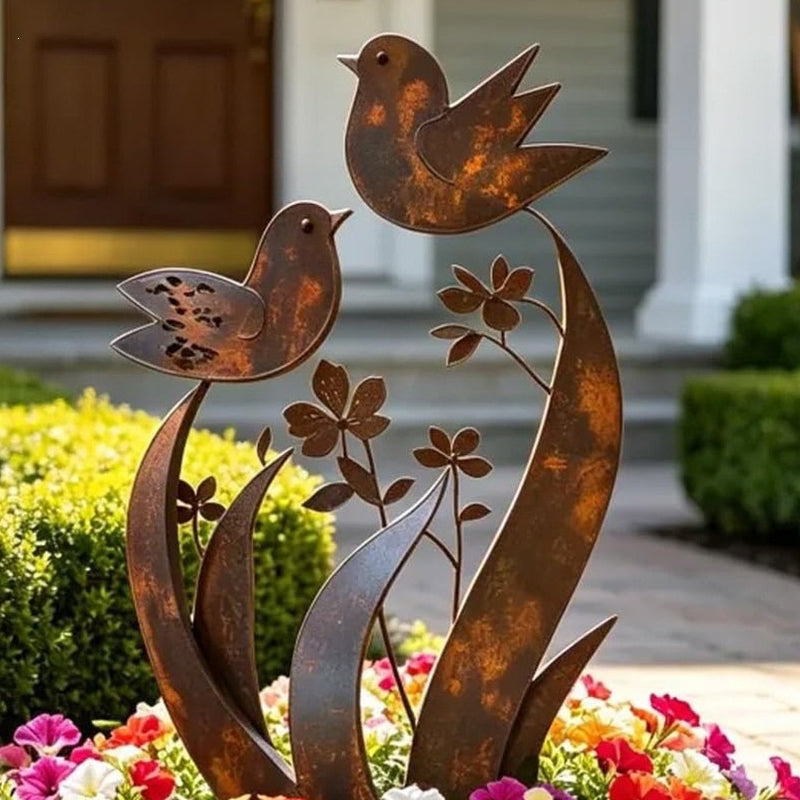 Rustic Bird & Flower Metal Garden Stake