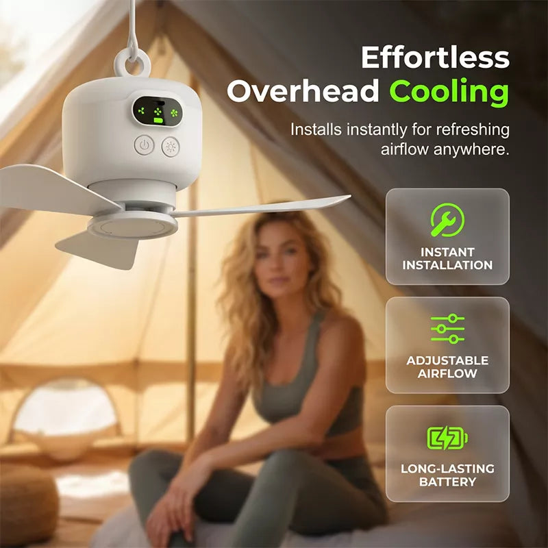 🌀 ✨ Rechargeable Ceiling Fan with LED Light – 8000mAh Battery, Remote Control, Quiet Motor 🏠