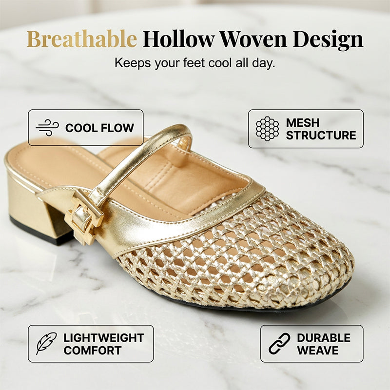 Women's Hollow Woven Mary Jane Mules Low Block Heel Slip On Sandals