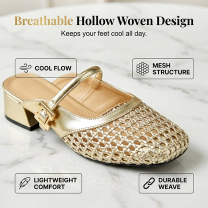 Women's Hollow Woven Mary Jane Mules Low Block Heel Slip On Sandals