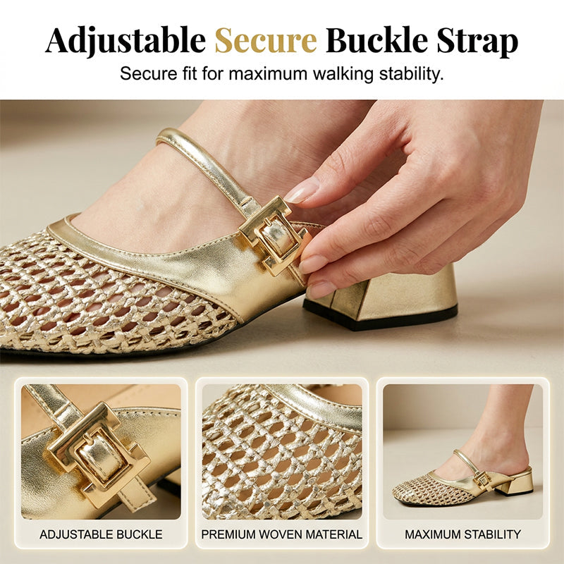 Women's Hollow Woven Mary Jane Mules Low Block Heel Slip On Sandals