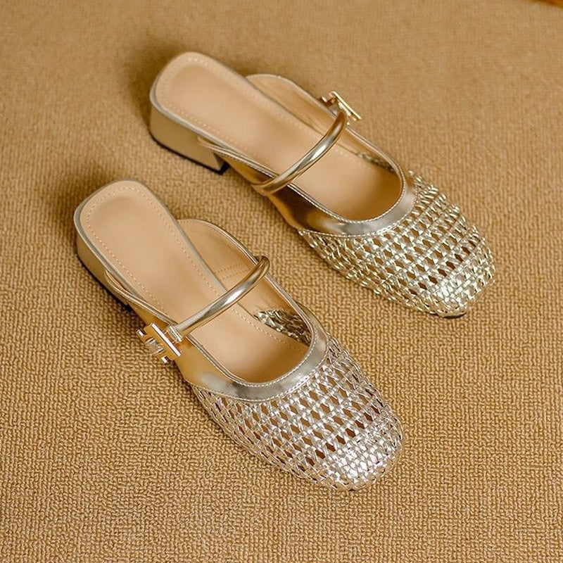 Women's Hollow Woven Mary Jane Mules Low Block Heel Slip On Sandals