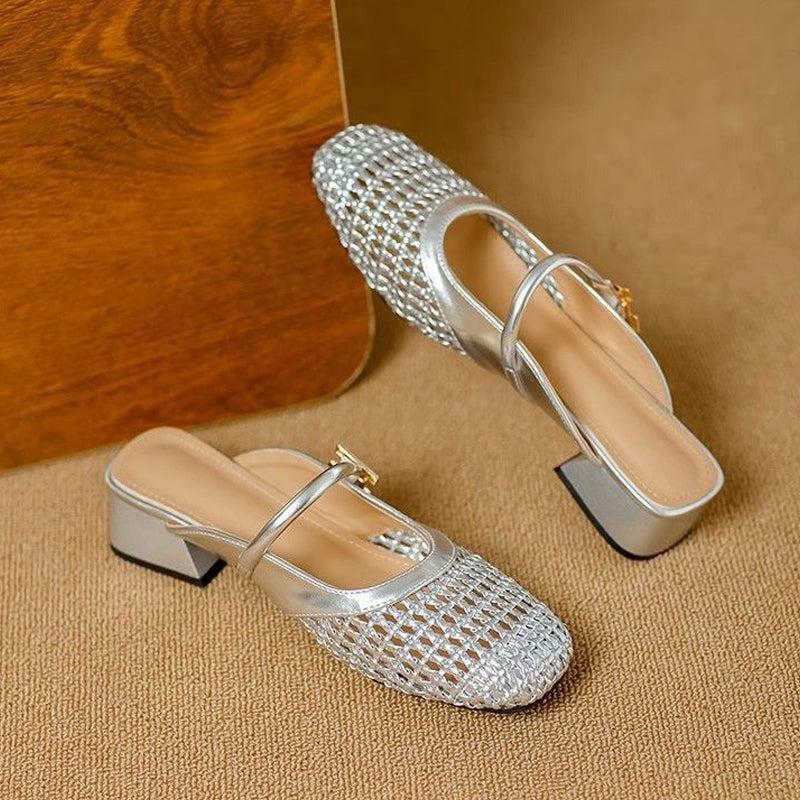 Women's Hollow Woven Mary Jane Mules Low Block Heel Slip On Sandals