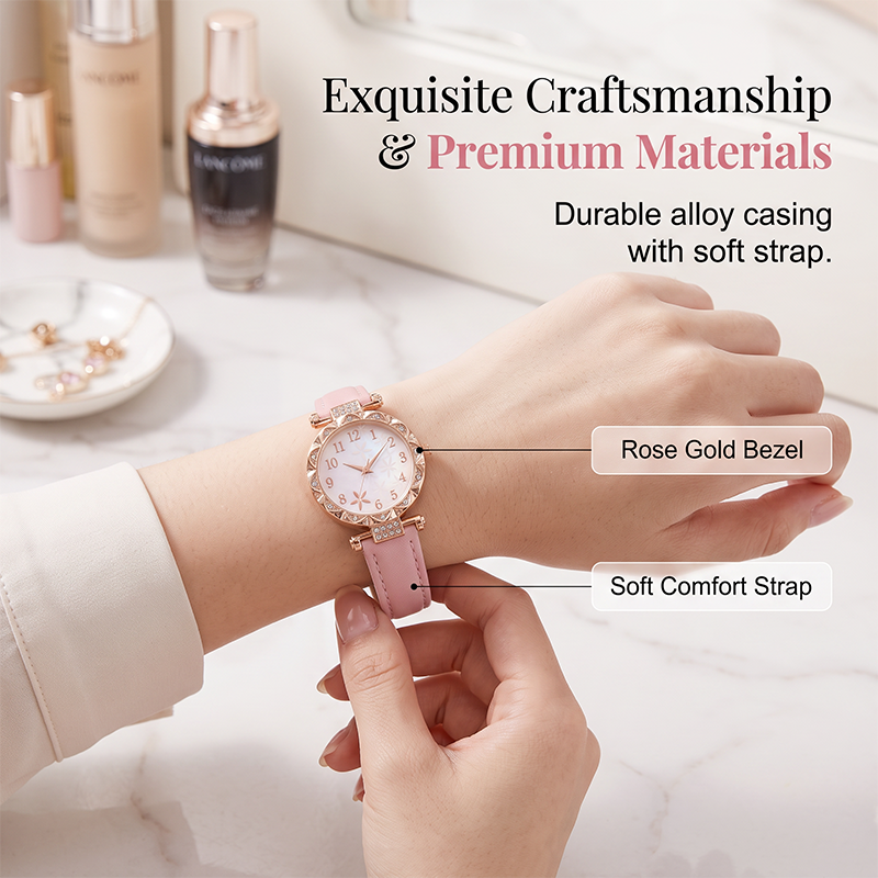 Women‘s 5-Piece Quartz Watch & Jewelry Set – Elegant Dress Watch with Floral Pattern, Matching Bracelet, Necklace, Earrings & Ring – Perfect for Birthday, Anniversary, Mother’s Day