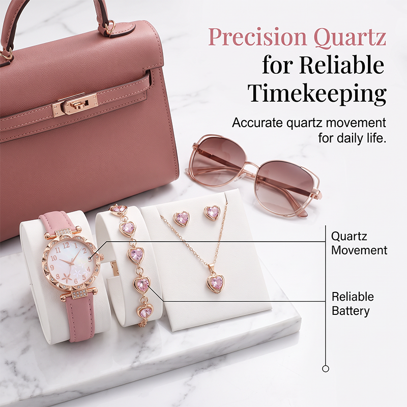 Women‘s 5-Piece Quartz Watch & Jewelry Set – Elegant Dress Watch with Floral Pattern, Matching Bracelet, Necklace, Earrings & Ring – Perfect for Birthday, Anniversary, Mother’s Day