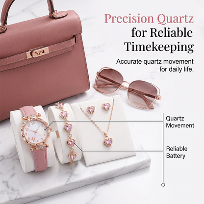 Women‘s 5-Piece Quartz Watch & Jewelry Set – Elegant Dress Watch with Floral Pattern, Matching Bracelet, Necklace, Earrings & Ring – Perfect for Birthday, Anniversary, Mother’s Day