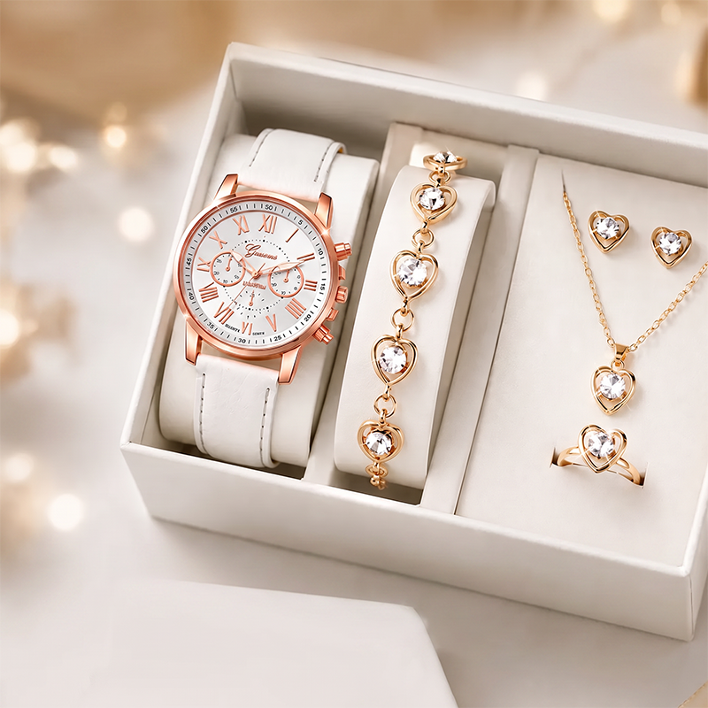Women‘s 5-Piece Quartz Watch & Jewelry Set – Elegant Dress Watch with Floral Pattern, Matching Bracelet, Necklace, Earrings & Ring – Perfect for Birthday, Anniversary, Mother’s Day