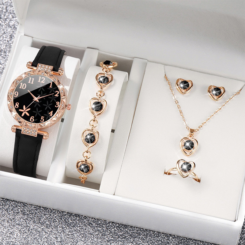 Women‘s 5-Piece Quartz Watch & Jewelry Set – Elegant Dress Watch with Floral Pattern, Matching Bracelet, Necklace, Earrings & Ring – Perfect for Birthday, Anniversary, Mother’s Day