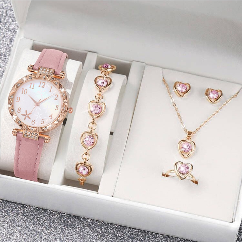 Women‘s 5-Piece Quartz Watch & Jewelry Set – Elegant Dress Watch with Floral Pattern, Matching Bracelet, Necklace, Earrings & Ring – Perfect for Birthday, Anniversary, Mother’s Day