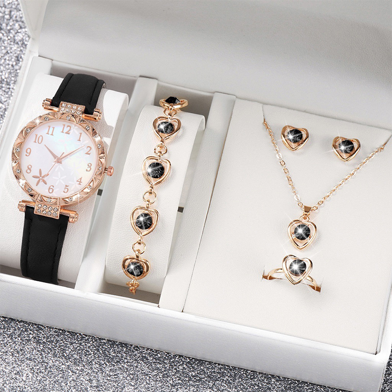 Women‘s 5-Piece Quartz Watch & Jewelry Set – Elegant Dress Watch with Floral Pattern, Matching Bracelet, Necklace, Earrings & Ring – Perfect for Birthday, Anniversary, Mother’s Day