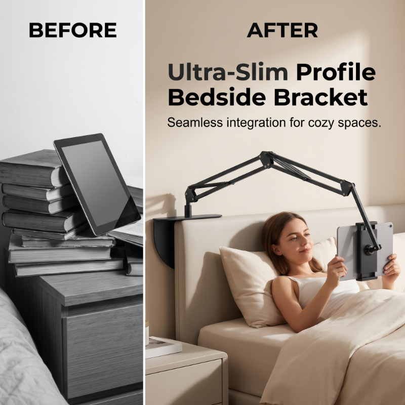 🛏️ Watch in Bed, Hands-Free – Tablet Stand with Hidden Mattress Base. No Shaking, No Drilling.