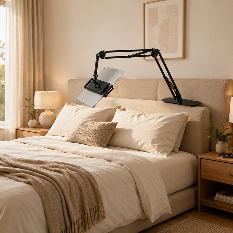 🛏️ Watch in Bed, Hands-Free – Tablet Stand with Hidden Mattress Base. No Shaking, No Drilling.