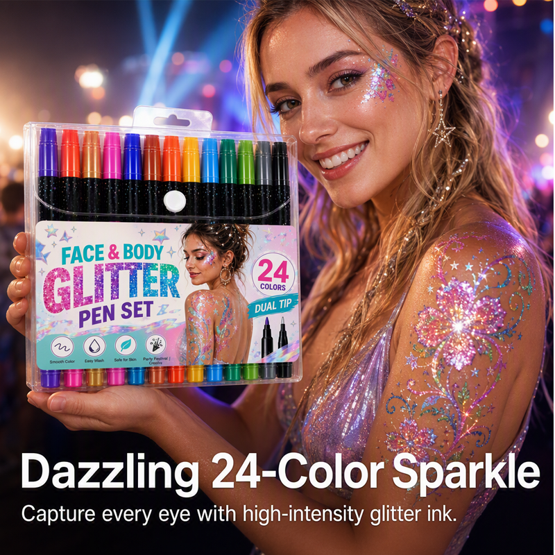 📢HOT Sale!!⏰24-Color Face & Body Glitter Marker Set with Dual Tips